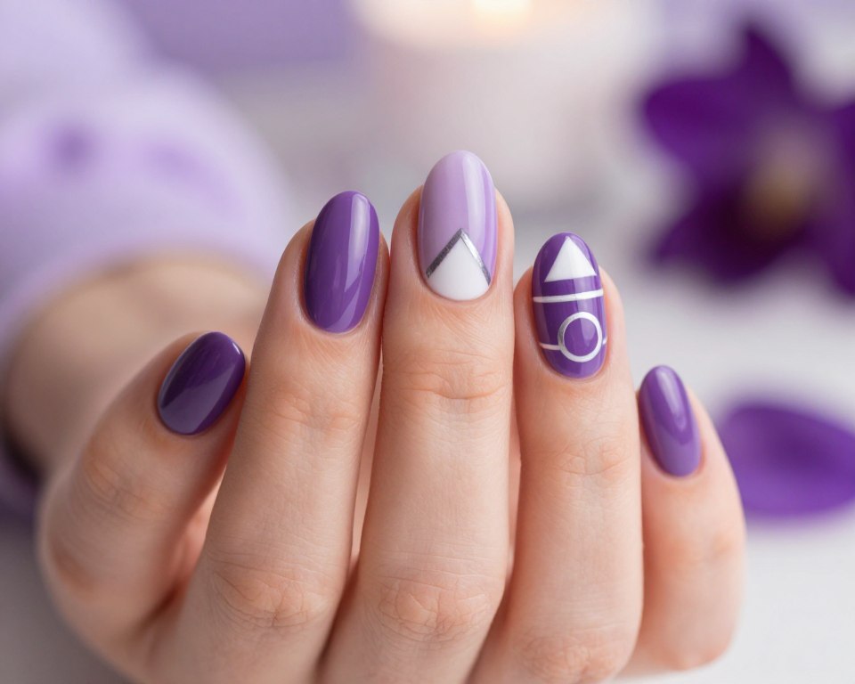 A close-up view of elegantly manicured nails featuring deep shades of violet, combined with geometric patterns in contrasting colors like white and silver. The foreground showcases a hand with neatly shaped nails, adorned with intricate designs including triangles, lines, and circles. The middle section includes a softly blurred background with hints of lavender and plum tones, reminiscent of a tranquil, elegant spa environment. Natural light illuminates the scene, creating soft highlights on the glossy nail polish, enhancing the clean, sophisticated atmosphere. The overall mood is calming and chic, perfect for a beauty article focused on popular violet manicure techniques. Avoid any text, captions, or branding elements.
