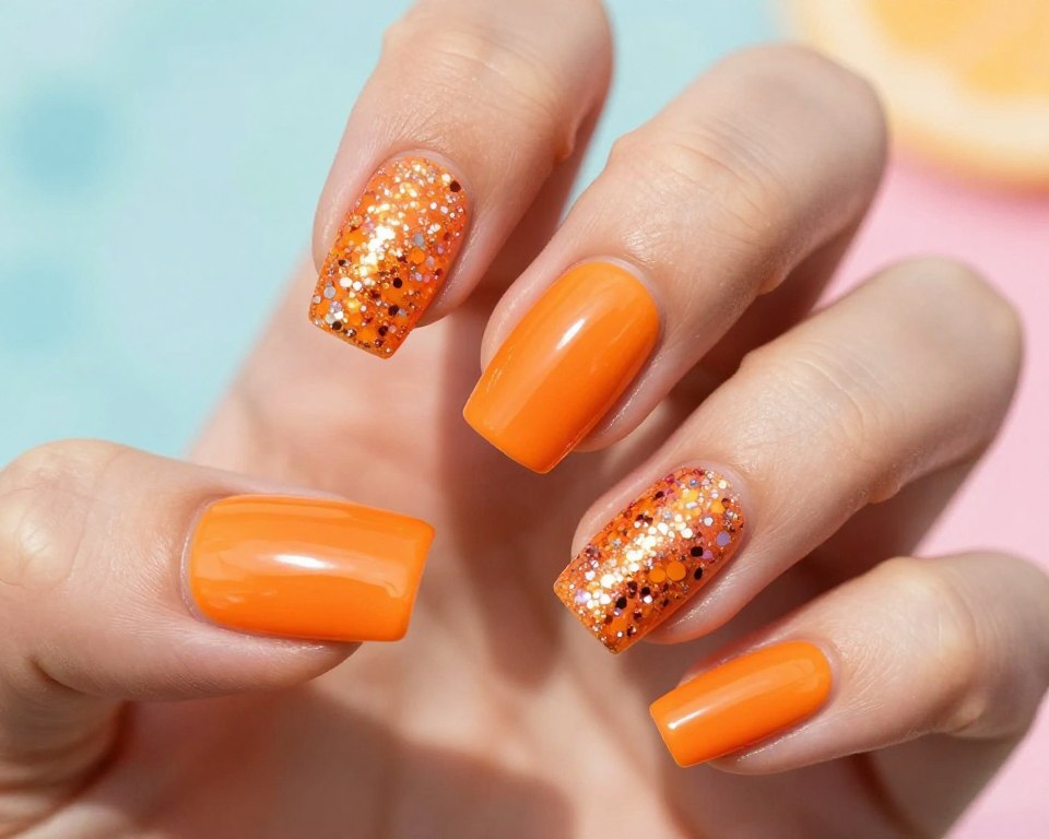 A close-up view of vibrant orange acrylic nails adorned with sparkling glitter, showcasing various manicure techniques including ombre and gradient effects. The nails are set against a softly blurred background of pastel colors, evoking a summery feel. The lighting highlights the shiny surfaces of the nails, creating a reflections that accentuate the glitter’s sparkle. Capture the nails from a top-down angle, emphasizing their intricate design and color vibrancy. Add a touch of bright light to enhance the cheerful and energetic atmosphere, making it perfect for a summer theme. The overall mood is fun and refreshing, ideal for showcasing the latest summer manicure styles.