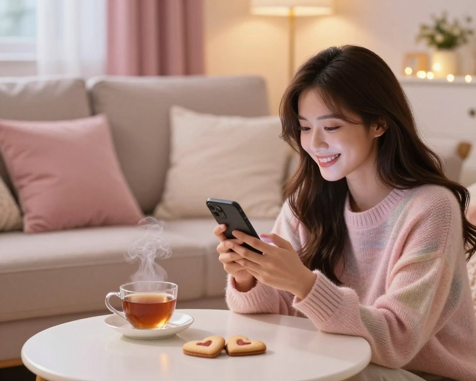 A cozy, romantic scene capturing the essence of a sweet message between a couple. In the foreground, a young woman with a warm smile, wearing a soft pastel sweater, is holding a phone, gazing at it affectionately. Her hair is flowing gently, and she sits on a plush, decorated couch surrounded by cushions. The middle layer showcases a beautifully arranged coffee table with a steaming cup of tea and two heart-shaped cookies, symbolizing warmth and sweetness. In the background, soft fairy lights illuminate a softly colored, inviting room, creating a dreamy atmosphere. The scene is well-lit, emphasizing the warm, affectionate mood, shot at a slight angle to enhance depth and intimacy.
