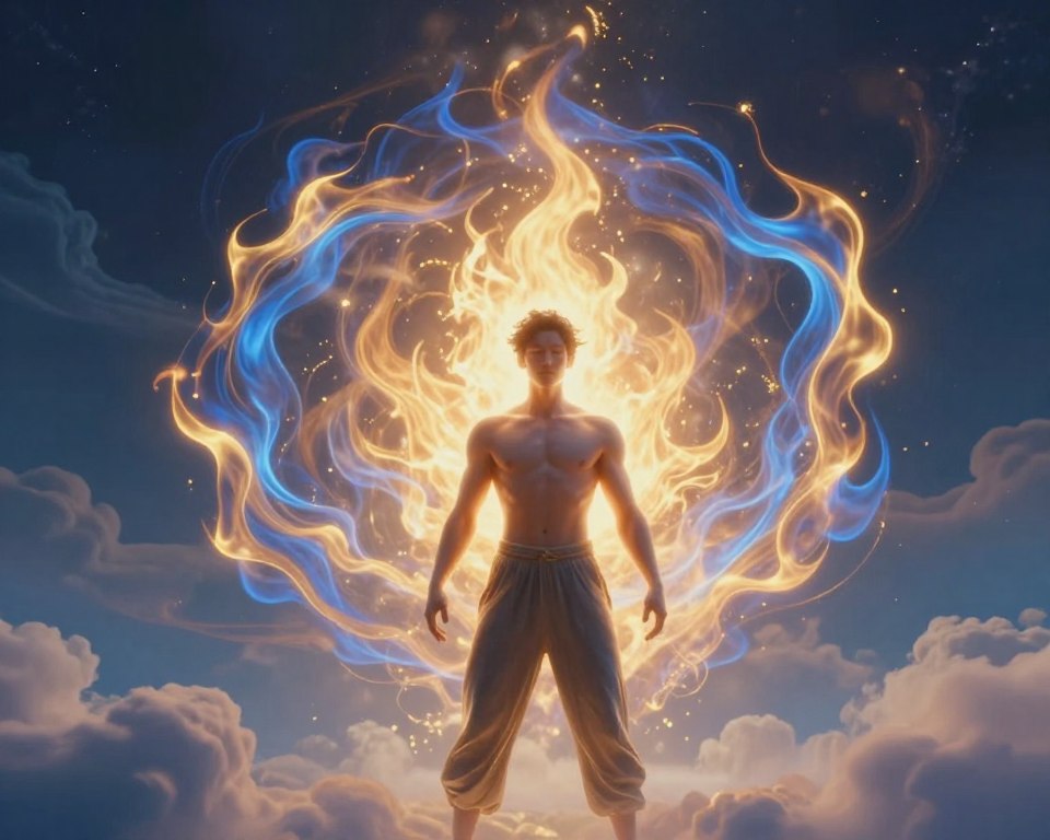 A powerful and serene visualization of masculine energy representing a Twin Flame connection. In the foreground, a figure with a strong, confident stance, dressed in modest casual clothing, exudes a warm, radiant glow symbolizing spiritual energy. The middle ground features intertwining flames that reflect deep shades of blue and gold, representing the dynamic balance between passion and tranquility. In the background, a mystical landscape of soft, ethereal clouds and a gentle, glowing light creates a dreamlike atmosphere. The lighting is soft yet impactful, highlighting the figure's presence and the flames' movement. The overall mood is one of harmony, introspection, and spiritual connection, evoking a sense of awakening and enlightenment.