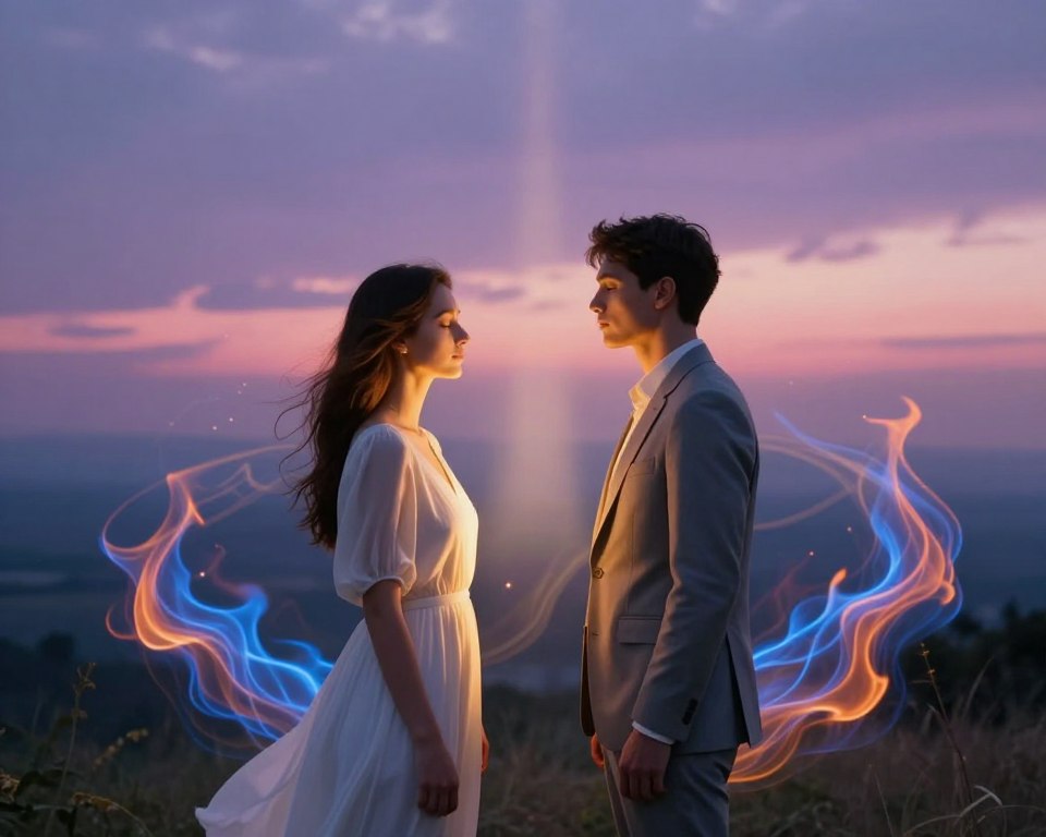 A serene scene capturing the essence of "twin flame telepathy." In the foreground, two individuals stand facing each other, their eyes closed and expressions serene, radiating a soft golden glow that symbolizes their deep connection. They are dressed in elegant, modest attire – one in a flowing white dress, the other in a smart gray suit. In the middle ground, intertwining ethereal flames encircle them, blending shades of blue and orange, signifying their powerful bond. The background features a tranquil landscape at twilight, with a soft gradient of purples and pinks in the sky, enhancing the mystical atmosphere. Gentle beams of light break through wispy clouds, illuminating the scene. The overall mood is serene, intimate, and transformative, embodying the concept of telepathic connection between twin flames.