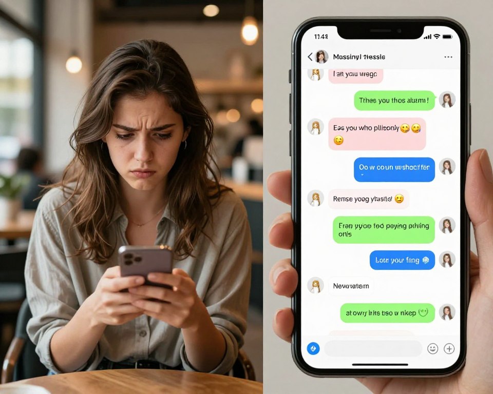 A split-screen image illustrating common texting blunders when trying to flirt via SMS. On the left side, a young woman sitting at a cozy café, looking frustrated while typing on her phone, with visible messages showcasing poor word choices and emojis gone wrong. She is wearing a casual, stylish outfit, with soft lighting creating a relaxed atmosphere. On the right side, a close-up of her phone screen, showing colorful but jumbled text messages with typos and awkward phrases. In the background, a blurred café setting enhances the relatable mood, capturing the anticipation and anxiety of modern flirting. The overall composition emphasizes clarity and humor without any distractions, focusing solely on the theme of messaging missteps.