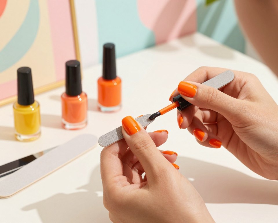 A vibrant close-up image showcasing the meticulous process of hybrid orange nail care. In the foreground, a pair of well-manicured hands, adorned with bold, glossy orange hybrid nail polish, are gently holding a small file and a brush, demonstrating the grooming process. In the middle, a stylish manicure table cluttered with nail care essentials like cuticle oil, a nail buffer, and vibrant orange nail polish bottles. The background features soft, out-of-focus pastel-colored wall art, creating a cheerful and summery atmosphere. Bright, natural lighting illuminates the scene, casting soft shadows and enhancing the polish's shine. Capture this moment from a slightly elevated angle, evoking a sense of warmth and energy, perfectly fitting for summer nail care.