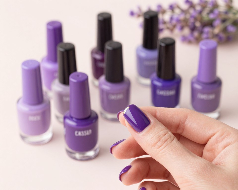 A visually captivating display of various shades of purple nail polish, including lavender, plum, and heather, arranged artistically against a soft, pastel background. In the foreground, a well-manicured hand showcases a manicure in a rich plum shade with delicate accents like gold foil. In the middle ground, bottles of nail polish in varying purples are strategically placed, each labeled with its occasion, such as casual, formal, and festive. The background features subtle elements, like a hint of floral arrangements in lavender hues. Soft, natural lighting enhances the colors, creating a serene and elegant atmosphere. The image captures the essence of selecting the perfect shade of purple for different occasions without any text or distractions.