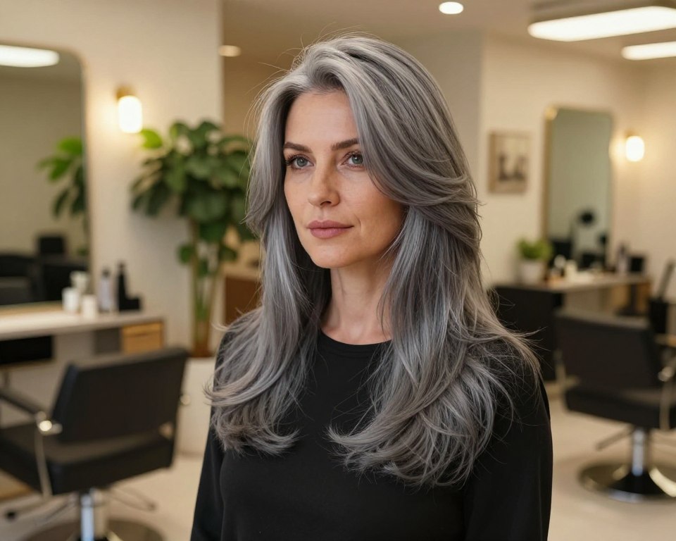 An elegantly styled woman with stunningly reflective gray hair, showcasing subtle highlights and a modern cut, stands confidently in a softly lit salon environment. The foreground features her hair beautifully cascading over her shoulders, catching warm, ambient light that highlights its texture and shine. In the middle ground, a stylish hair salon is visible, adorned with chic decor and mirrors reflecting the tranquility of the space. The background offers soft bokeh effects from lush green plants and elegant furnishings, creating a serene atmosphere. The image captures a wholesome beauty vibe, emphasizing the sophistication and elegance of gray hair, while the overall mood is one of empowerment and self-love. The angle is slightly above eye level, giving a flattering perspective that accentuates the subject's features and hair.