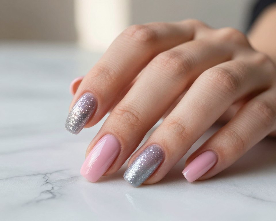 Create an elegant close-up of a manicured hand showcasing pink and gray nails with a sparkling glitter finish. The nails should be designed in a stylish ombre effect merging soft pink hues with sophisticated gray tones, highlighted by shimmering glitter that catches the light. The hand should rest on a smooth, marble surface with subtle gray veining that complements the nail colors. Soft, natural lighting should illuminate the scene, creating a warm and inviting atmosphere. The background can be softly blurred, suggesting an airy and refined space, allowing the focus to remain on the stunning nail art. The mood should evoke a sense of luxury and creativity, perfect for beauty enthusiasts.