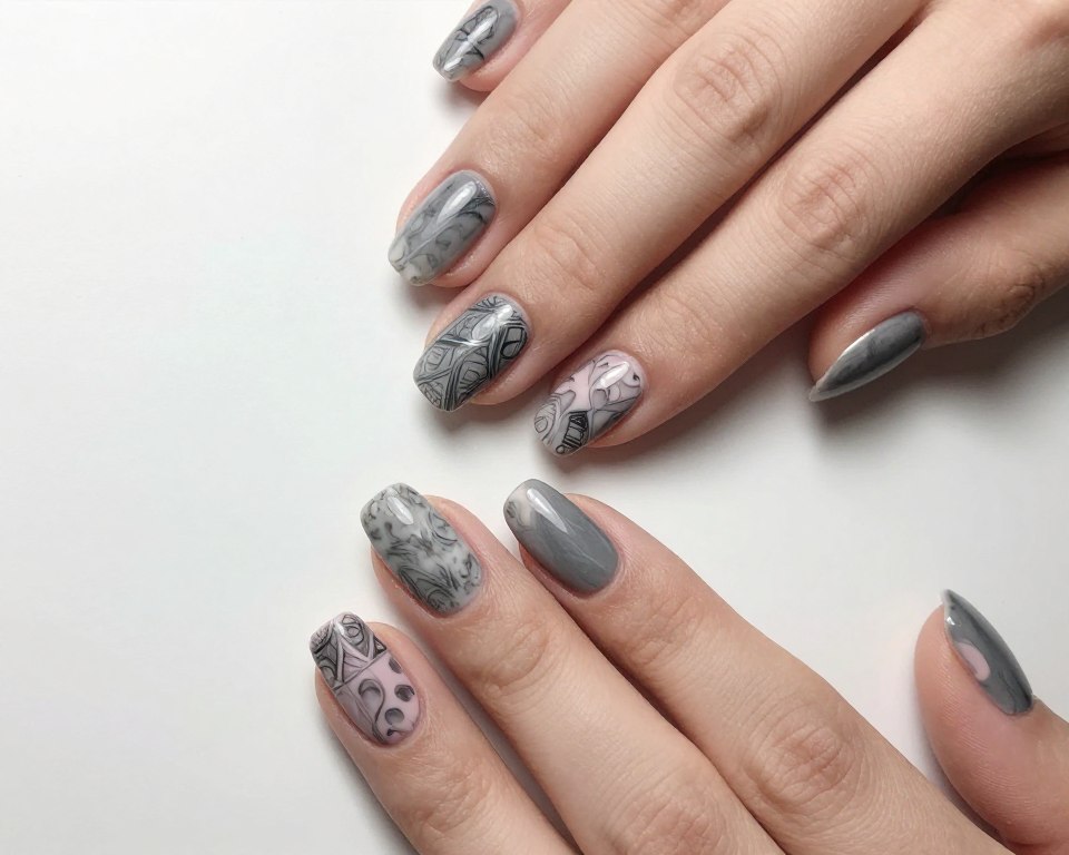 Gray nails beautifully decorated with intricate stamping patterns, showcasing a mix of marbled and graphite effects, combined with subtle hints of soft pink accents. The foreground features a close-up of a well-manicured hand resting on a smooth white surface, emphasizing the nail designs against the simplicity of the background. The lighting is soft and diffused, creating a warm and inviting atmosphere while revealing the details of the stamping work. The image is shot from a top-down angle to highlight the artistic patterns on the nails, capturing the essence of elegance and modern style. The overall mood is sophisticated and inspiring, perfect for showcasing a trendy manicure technique.