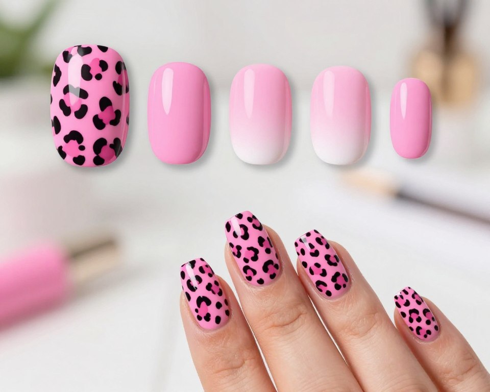 A beautifully styled set of pink leopard print nails designed step by step. The foreground features a close-up of hands with perfectly manicured nails, showcasing the intricate patterns of pink leopard spots against a soft, glossy background. The middle layer includes a subtle gradient of soft pink hues blending into white, accentuating the nail art. The background is a softly blurred spa-like environment with gentle natural lighting, enhancing the mood of relaxation and creativity. The image captures a feeling of elegance and trendy flair, ideal for modern nail art inspiration. Focus on vibrant colors and clear detail in the nail design, creating an inviting and stylish atmosphere.