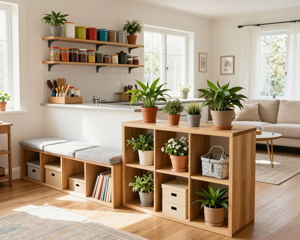 A cozy, well-organized home interior showcasing practical storage solutions. In the foreground, a stylish wooden shelving unit filled with neatly arranged houseplants, decorative boxes, and books. To the left, a modern minimalist storage bench with cushions, serving both as seating and storage space. The middle of the image features an open kitchen area with colorful containers and jars on shelves displaying organized spices and baking supplies. The background reveals a bright and airy living room with a light-colored sofa and soft natural lighting streaming through large windows, creating a warm, inviting atmosphere. The camera angle is slightly elevated, allowing an overview of the harmonious blending of functionality and aesthetic appeal in this domestic space.