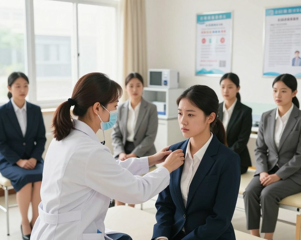 A group of women in professional business attire participating in a military medical examination session. In the foreground, a female doctor, wearing a white coat and stethoscope, is attentively examining a young woman who sits on an examination table, looking calm and composed. The middle ground features additional women waiting in a well-lit clinic setting, showcasing a mix of emotions from determination to anxiety. Bright, natural lighting pours in through large windows, creating a warm and inviting atmosphere. The background includes medical posters, a chart on the wall, and various medical equipment, emphasizing the formal nature of the military medical examination. The overall mood is one of professionalism and empowerment as these women prepare for their service.