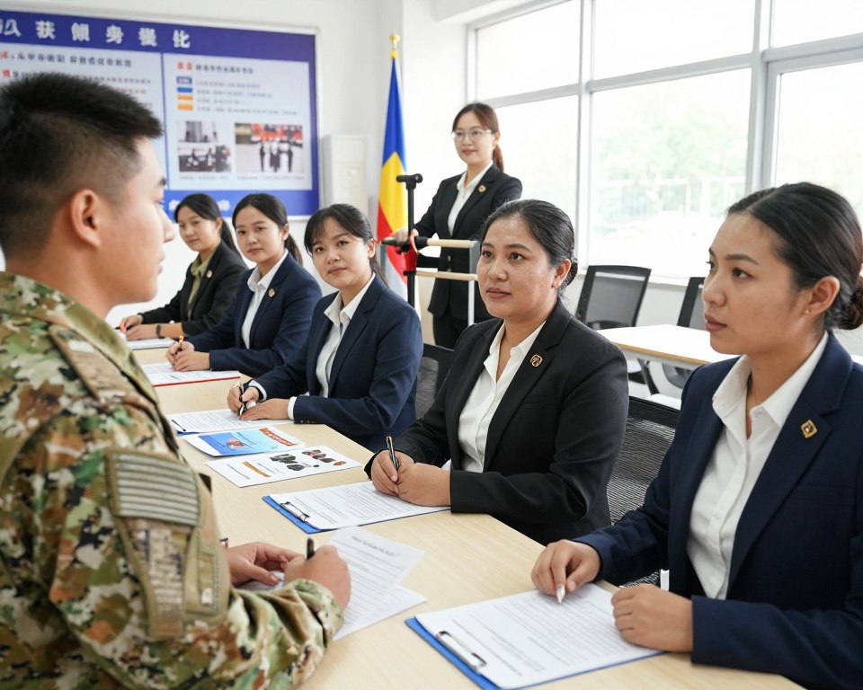 A military recruitment process for women at a Military Recruitment Center, focused on a diverse group of women in professional business attire engaged in discussions and filling out forms. In the foreground, a woman confidently speaks with a recruiter in military uniform, showing a welcoming atmosphere. The middle ground features more women interacting with recruitment materials, such as brochures and application forms, while another woman poses for a physical assessment. In the background, a large poster of military values and a flag adorn the wall. Bright, natural lighting fills the space, enhancing the seriousness yet hopeful mood of the scene. The angle captures the dynamic environment of recruitment, emphasizing inclusivity and professionalism.