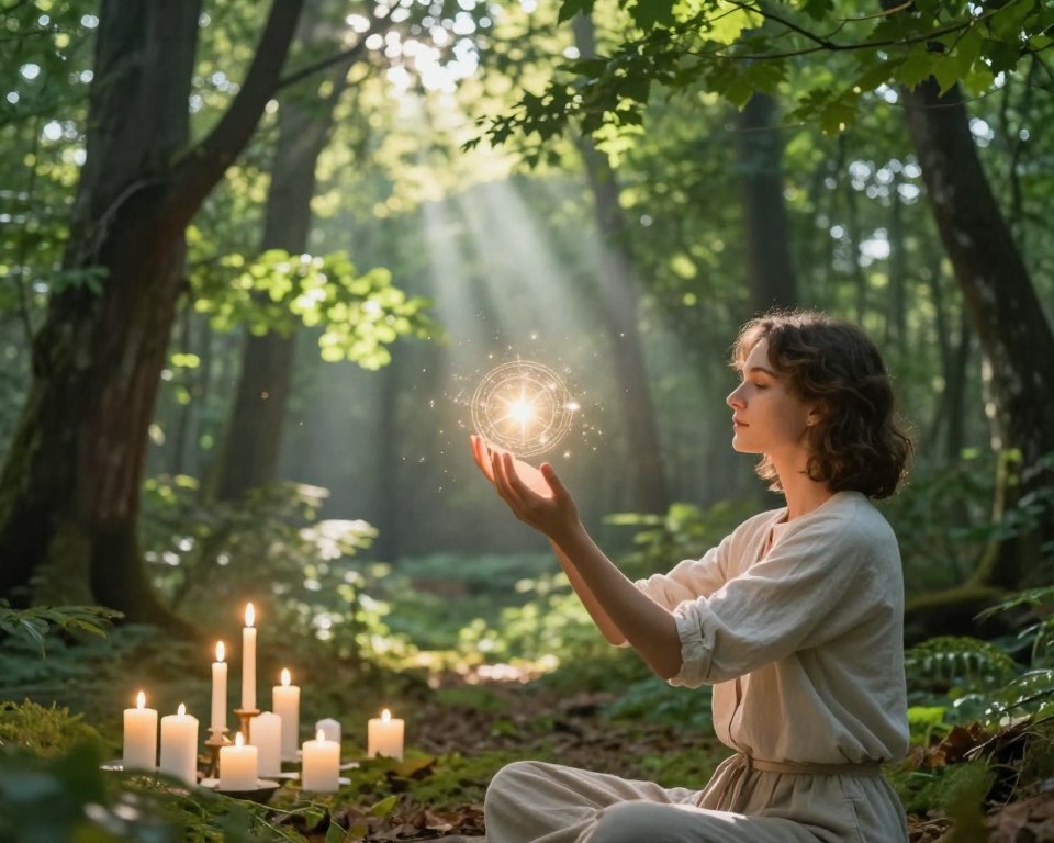 A mystical scene illustrating the concept of energy and intention in white magic. In the foreground, a serene figure in modest casual clothing, with hands raised, surrounded by glowing orbs of light symbolizing positive energy. In the middle ground, an array of delicate white candles flickering gently, casting soft shadows. The background features an enchanting forest, with vibrant green trees and shimmering beams of sunlight filtering through the leaves, creating a tranquil atmosphere. The overall mood is ethereal and peaceful, emphasizing harmony and love. The lighting is warm and inviting, enhancing the magical essence of the moment, and the angle captures the depth of the environment, focusing on the figure amidst the natural beauty.