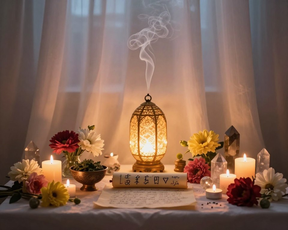 A serene indoor setting showcasing an elegant preparation for a love ritual. In the foreground, a beautifully arranged altar adorned with vibrant candles, fresh flowers, and mystical crystals. A small, ornate bowl filled with herbs is placed beside a handwritten scroll featuring ancient symbols of love. In the middle, a softly glowing lamp casts warm, inviting light, illuminating the enchanting atmosphere. The background features softly draped curtains that diffuse the light, creating a dreamlike effect. A subtle aroma wafts through the air, enhanced by incense smoke rising gracefully. The mood is tranquil and magical, inviting viewers into a world of white magic, yet maintaining a sense of professionalism and elegance throughout the scene.