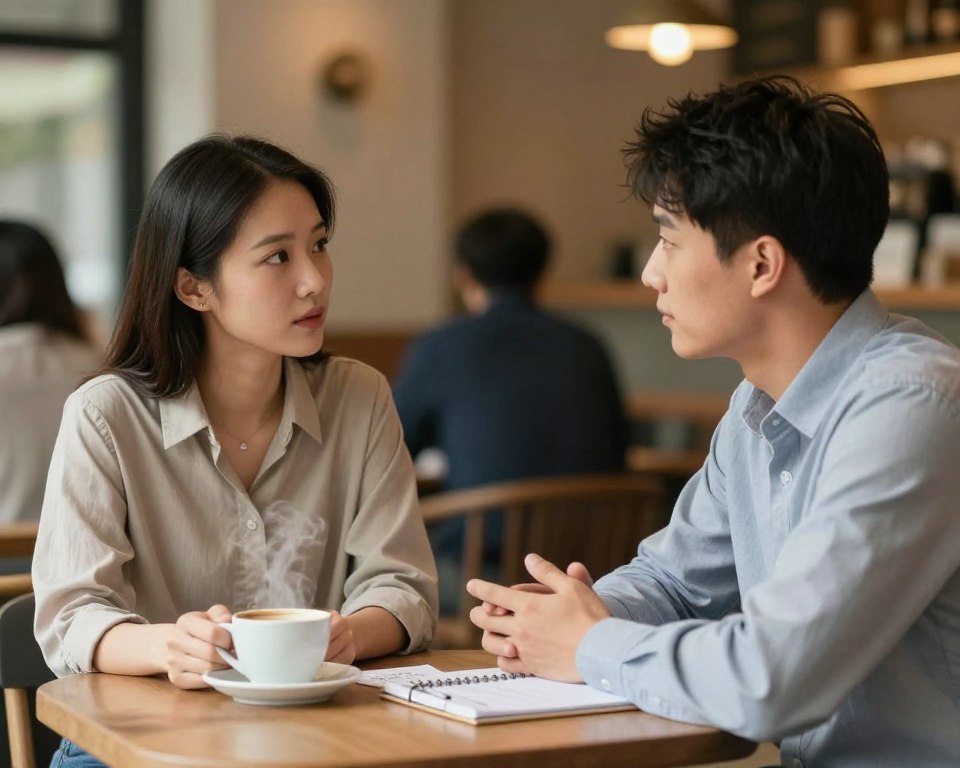 A serene, intimate scene of a couple sitting at a small café table in a cozy, softly lit environment, engaged in a calm conversation where they are working through a conflict. The foreground features the couple, dressed in modest, professional attire, showing attentive expressions and open body language, symbolizing honest communication. The middle ground includes a steaming cup of coffee and a notepad with notes, illustrating their effort in resolving their differences. In the background, there are subtle hints of a warm, inviting bistro environment with soft, ambient lighting and blurred figures of other patrons, creating an atmosphere of privacy and support. The overall mood is constructive and hopeful, emphasizing reconciliation and understanding, captured with a gentle focus and warm color tones.