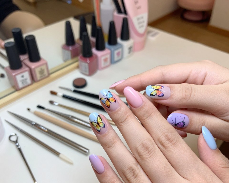 A step-by-step display of beautifully manicured nails adorned with delicate butterfly designs. The foreground features a close-up view of hands with well-groomed nails, painted in pastel colors such as soft pink, light blue, and lavender. Intricate butterfly patterns in various sizes are artfully applied, showcasing vibrant shades of yellow, orange, and purple. The middle ground includes a neatly arranged set of nail art tools like brushes, dotting tools, and nail polish bottles, creating a creative workspace atmosphere. In the background, there is a soft-focus of a cozy nail salon setting, with warm lighting enhancing the inviting mood. The angle captures the attention on the nails while providing a glimpse of the artistic process.