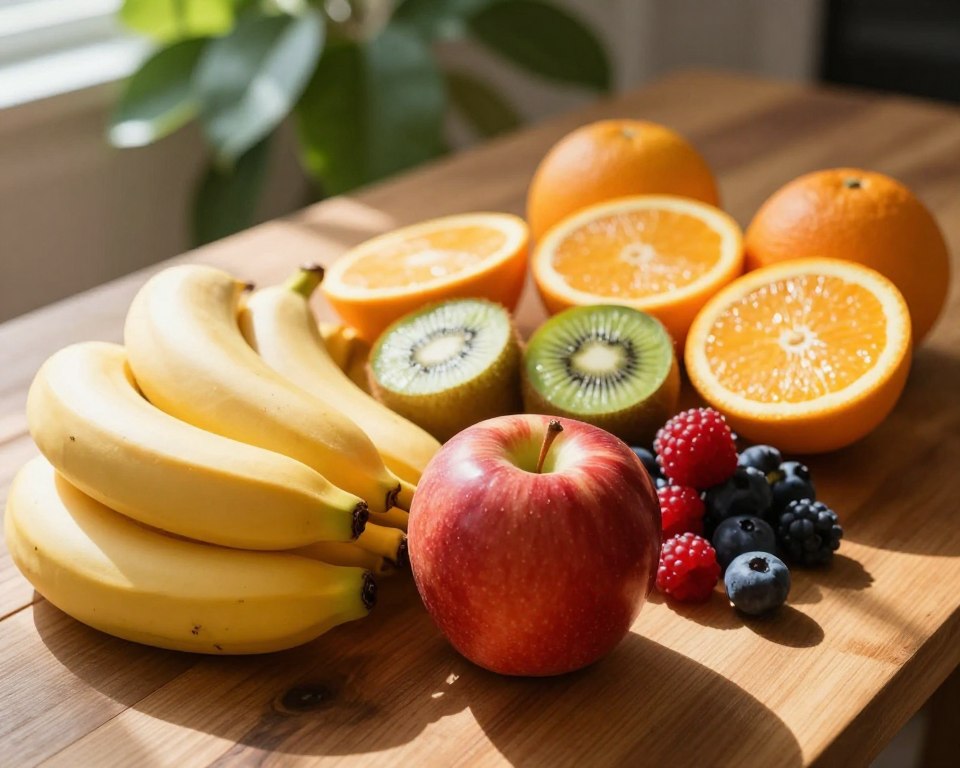 A vibrant display of assorted fresh fruits arranged artistically on a wooden table, emphasizing their role in a weight-loss diet. In the foreground, a bright red apple, a bunch of bananas, and a handful of berries are closely visible. The middle layer showcases sliced oranges and kiwis, radiating freshness and health. In the background, soft-focus green leaves suggest a natural, healthy environment. The scene is illuminated by warm, natural sunlight entering from the left, casting gentle shadows that create depth. The angle is slightly elevated, providing a dynamic view of the fruit arrangement. The overall mood is refreshing and inviting, perfect for promoting a healthy lifestyle and the benefits of fruits in weight management.