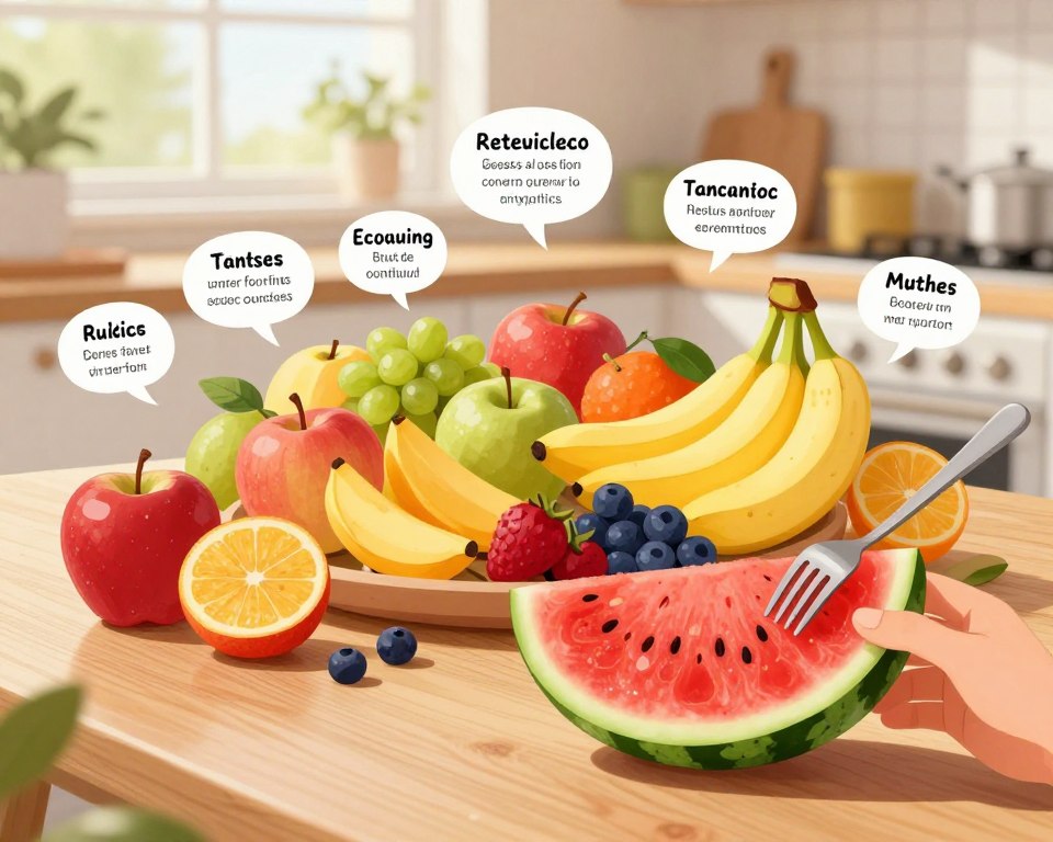 A vibrant, informative illustration depicting various fruits such as apples, bananas, and berries arranged in an aesthetically pleasing manner on a wooden table. In the foreground, a hand with a fork is reaching for a slice of watermelon, symbolizing healthy eating choices. The middle ground showcases a colorful fruit platter with labels of facts and myths floating gently above each fruit, illuminating common misconceptions about fruit consumption. The background features a soft-focus kitchen setting with natural light streaming through a window, creating a warm and inviting atmosphere. The image should feel educational yet engaging, perfect for highlighting the truths about fruit and their role in a balanced diet.