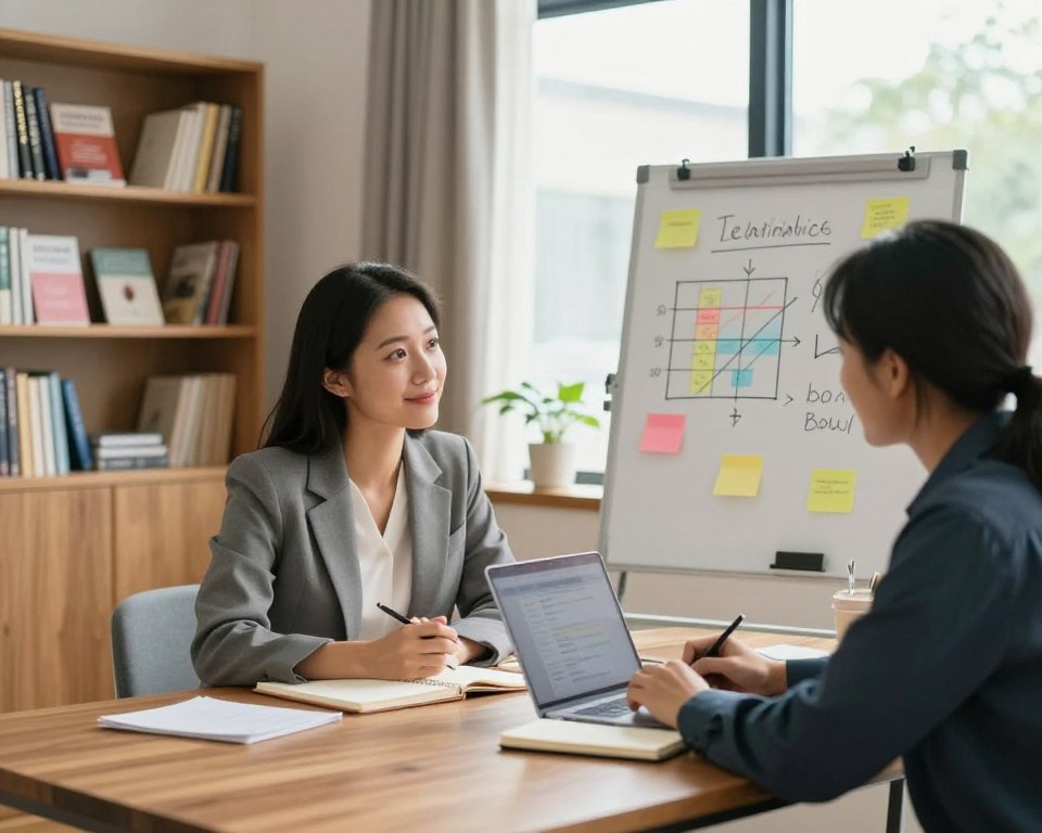 A warm, inviting scene depicting a couple engaged in a collaborative goal-setting session in a cozy home office. In the foreground, a diverse couple, dressed in professional business attire, is seated at a wooden table with notebooks, a laptop, and a whiteboard filled with colorful charts and post-it notes. The middle ground features soft lighting that emphasizes their expressions of focus and determination, surrounded by bookshelves filled with relationship guides and inspirational books. In the background, large windows let in natural light, creating a bright atmosphere that symbolizes hope and shared ambitions. The overall mood is positive and supportive, hinting at their commitment to strengthening their relationship through shared goals.