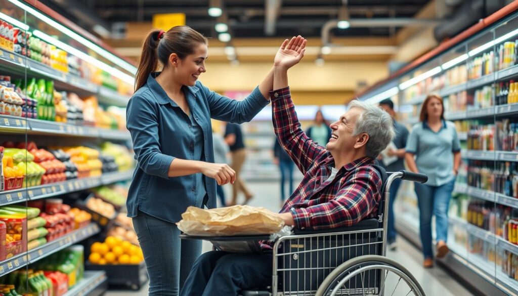 Asystent osobisty pomagający osobie niepełnosprawnej podczas zakupów