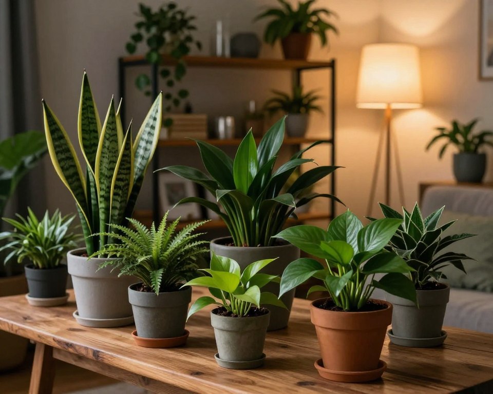 In a cozy, dimly lit living room, showcase an arrangement of lush, leafy houseplants ideal for low-light settings. In the foreground, a variety of potted plants including a Snake Plant, ZZ Plant, and Pothos with vibrant green leaves are placed elegantly on a rustic wooden table. The middle ground features a stylish, modern shelf filled with additional plants and decorative items, enhancing the interior aesthetic. In the background, a soft, ambient glow from a vintage floor lamp casts warm light, creating an inviting and tranquil atmosphere. Shot from a slightly elevated angle to capture the arrangement and depth, this image embodies serenity and the beauty of indoor gardening in darker spaces. The composition should evoke a peaceful and sophisticated mood.
