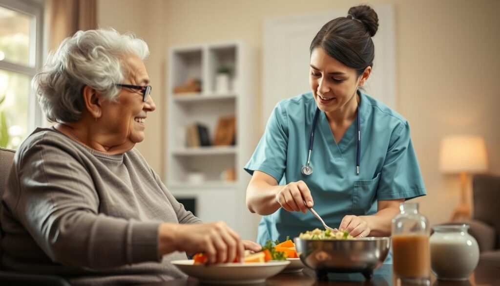Opiekunka z MOPS pomagająca osobie niepełnosprawnej w codziennych czynnościach
