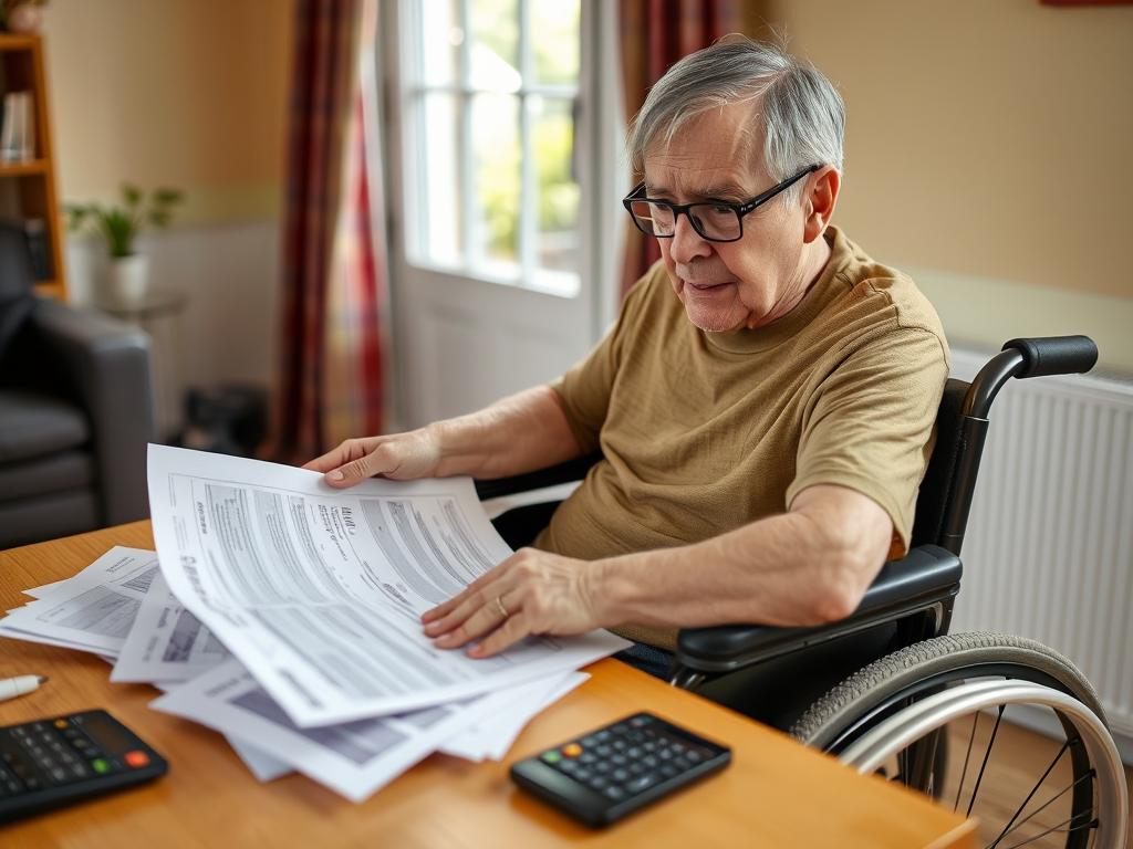 Osoba niepełnosprawna przeglądająca dokumenty dotyczące zasiłków z MOPS