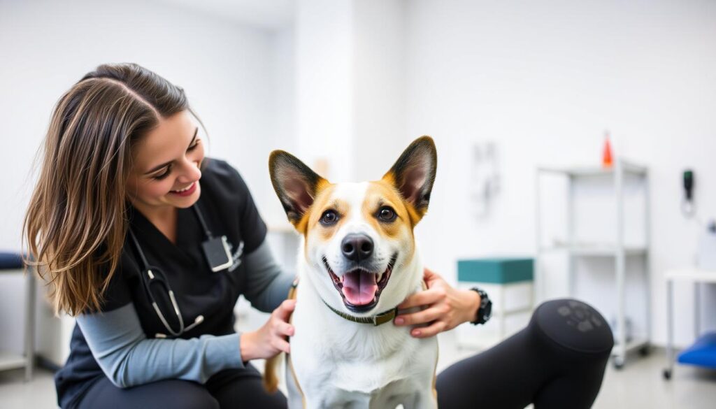 Zadowolony zoofizjoterapeuta pracujący z psem i jego właścicielem