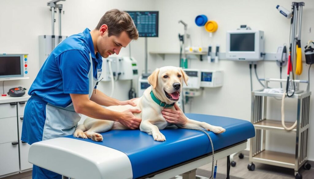 Zoofizjoterapeuta korzystający z nowoczesnego sprzętu rehabilitacyjnego dla zwierząt