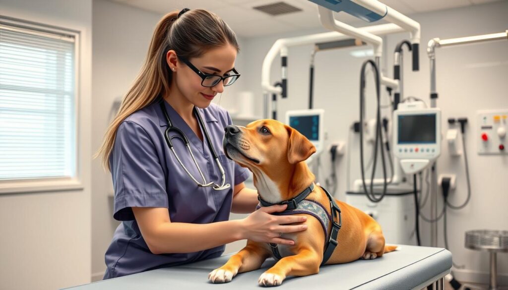 Zoofizjoterapeuta pracujący w nowoczesnej klinice rehabilitacji zwierząt za granicą