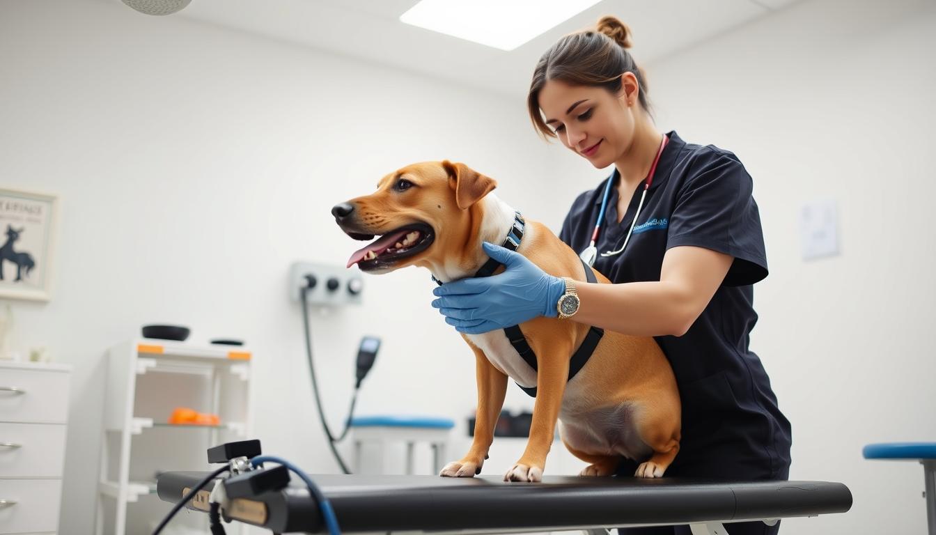 Zoofizjoterapeuta pracujący z psem podczas rehabilitacji