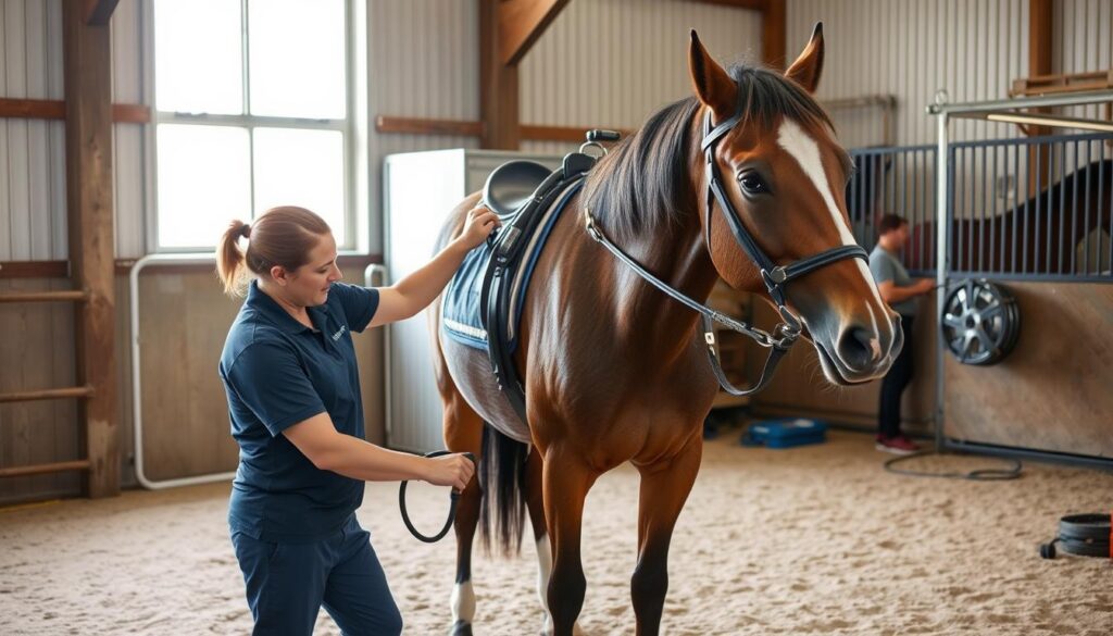 Zoofizjoterapeuta wykonujący zabiegi rehabilitacyjne na koniu